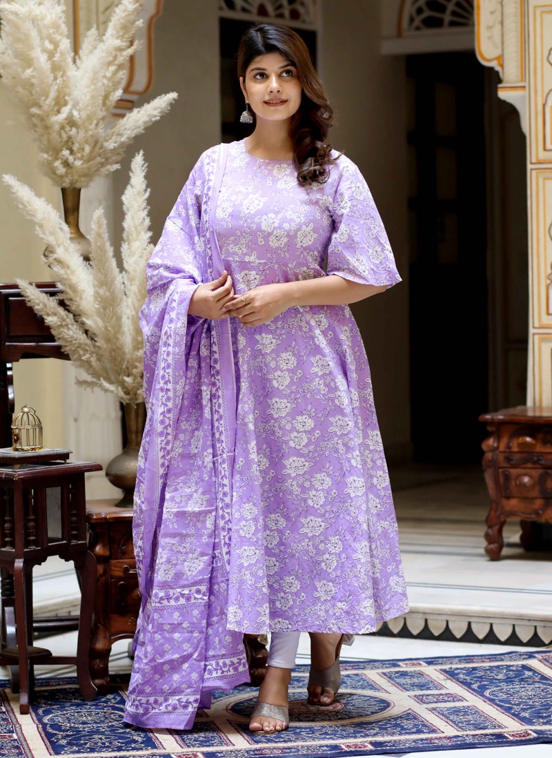Miravan كورتا أناركالي لافندر مزخرف بالأزهار للنساء - Image 5